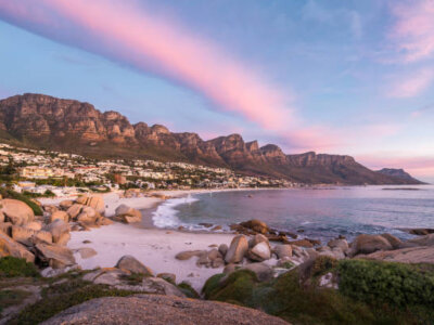 Sunset over Camps Bay Beach in Cape Town, Western Cape, South Africa.